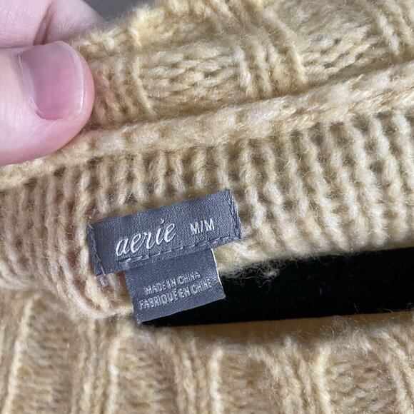 Aerie Wmn M Yellow Wool Blend Crew Neck Happy Place Oversized Cable Knit Sweater - Picture 8 of 11